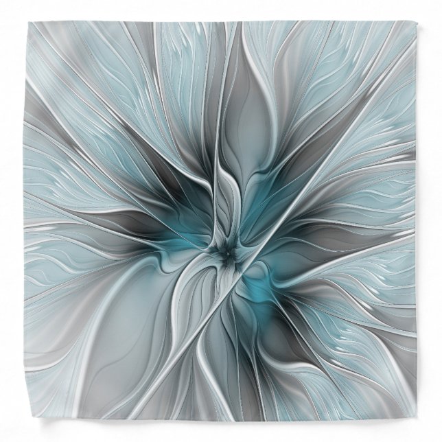Floral Fractal Modern Abstract Flower Blue Gray Bandana (Front)