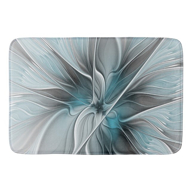 Floral Fractal Modern Abstract Flower Blue Gray Bath Mat (Front)