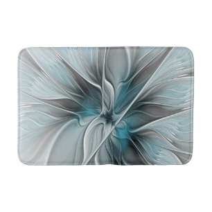 Floral Fractal Modern Abstract Flower Blue Gray Bath Mat