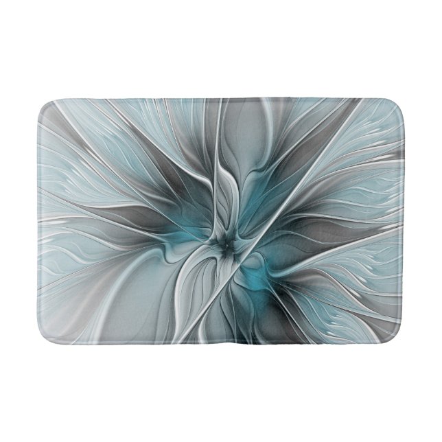 Floral Fractal Modern Abstract Flower Blue Gray Bath Mat (Front)