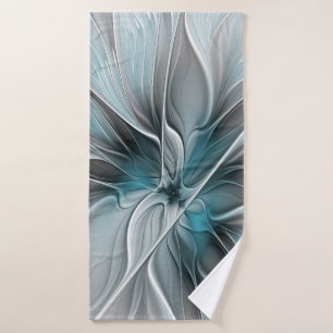 Floral Fractal Modern Abstract Flower Blue Gray Bath Towel