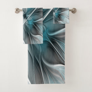 Floral Fractal Modern Abstract Flower Blue Gray Bath Towel Set