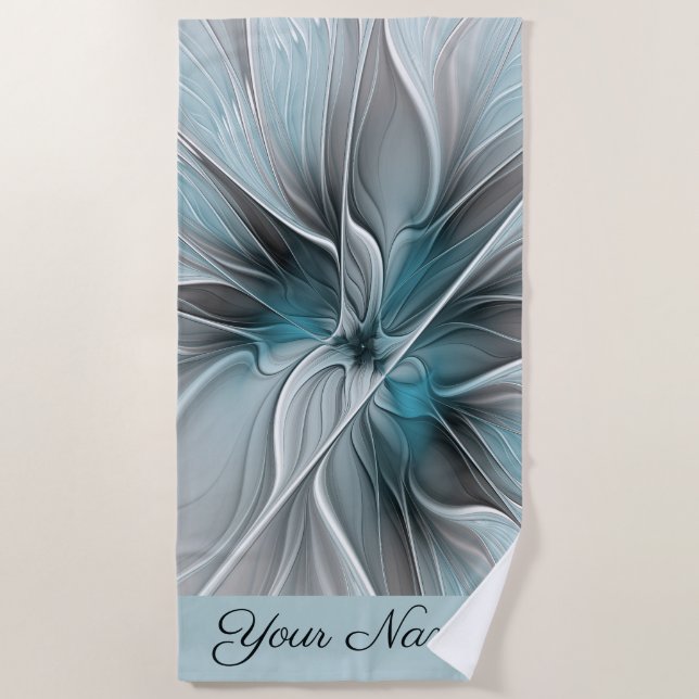 Floral Fractal Modern Abstract Flower Blue Gray Beach Towel (Front)