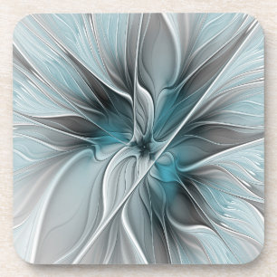 Floral Fractal Modern Abstract Flower Blue Gray Beverage Coaster
