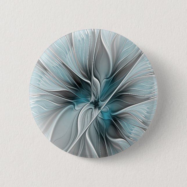 Floral Fractal Modern Abstract Flower Blue Gray Button (Front)