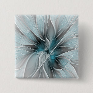 Floral Fractal Modern Abstract Flower Blue Gray Button