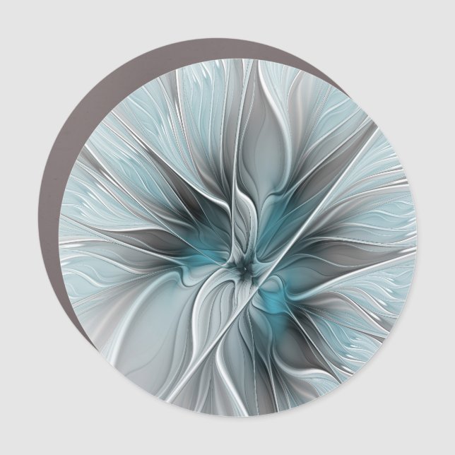 Floral Fractal Modern Abstract Flower Blue Gray Car Magnet (Front)
