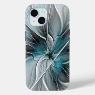 Floral Fractal Modern Abstract Flower Blue Gray iPhone 15 Case