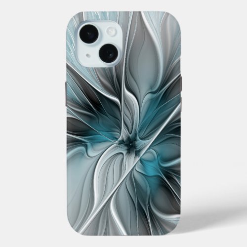 Floral Fractal Modern Abstract Flower Blue Gray iPhone 15 Case