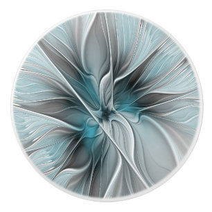 Floral Fractal Modern Abstract Flower Blue Gray Ceramic Knob