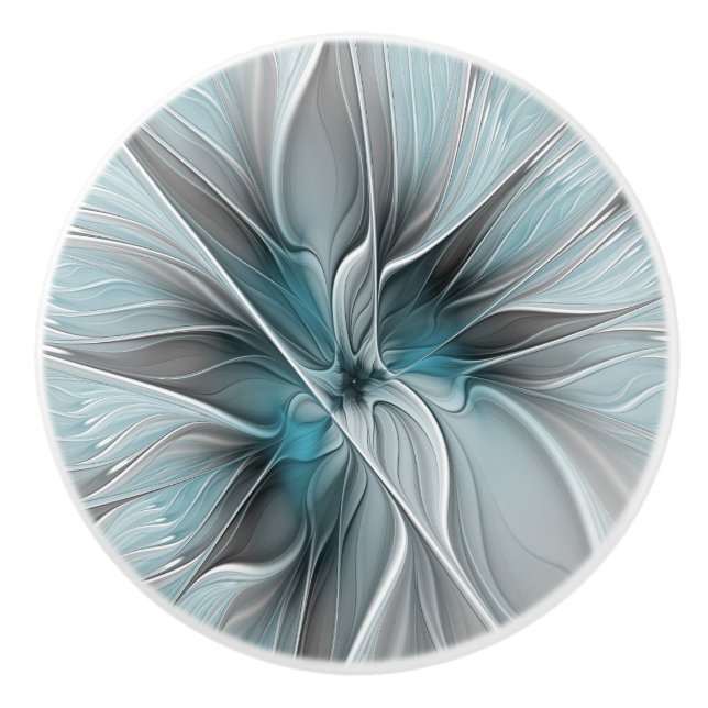 Floral Fractal Modern Abstract Flower Blue Gray Ceramic Knob (Front)