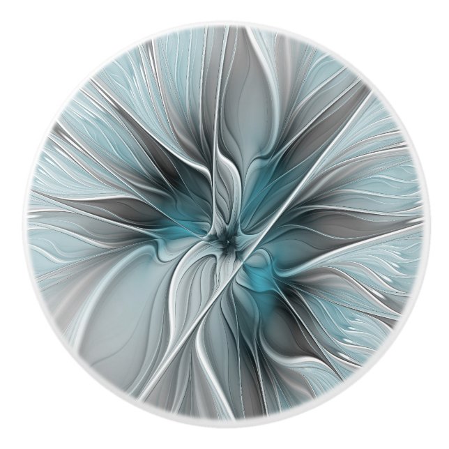 Floral Fractal Modern Abstract Flower Blue Gray Ceramic Knob (Front)