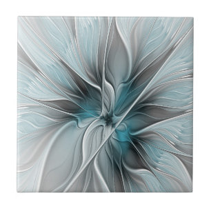 Floral Fractal Modern Abstract Flower Blue Gray Ceramic Tile