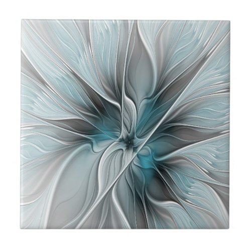 Floral Fractal Modern Abstract Flower Blue Gray Ceramic Tile