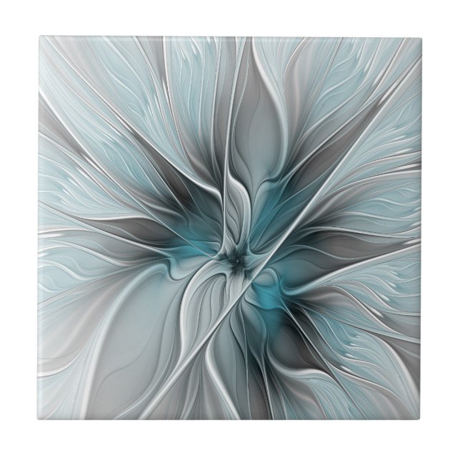 Floral Fractal Modern Abstract Flower Blue Gray Ceramic Tile (Front)