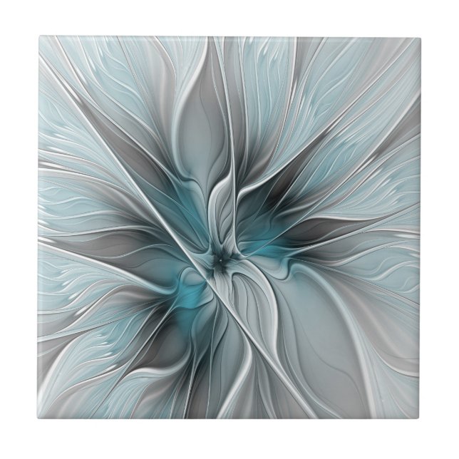 Floral Fractal Modern Abstract Flower Blue Gray Ceramic Tile (Front)