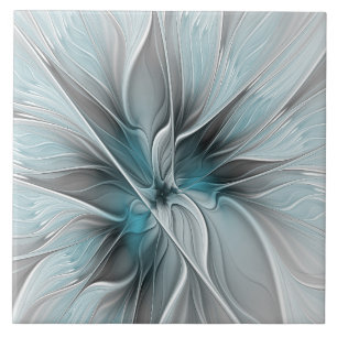 Floral Fractal Modern Abstract Flower Blue Gray Ceramic Tile