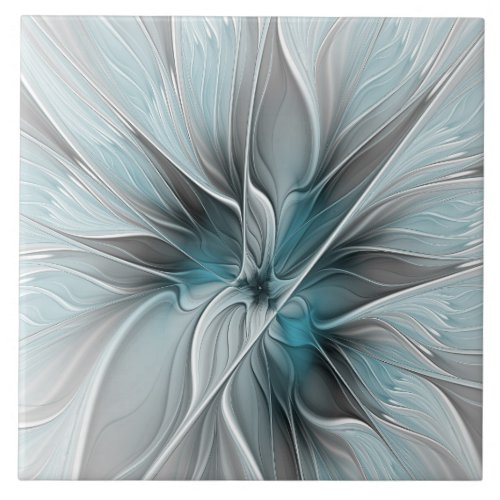 Floral Fractal Modern Abstract Flower Blue Gray Ceramic Tile