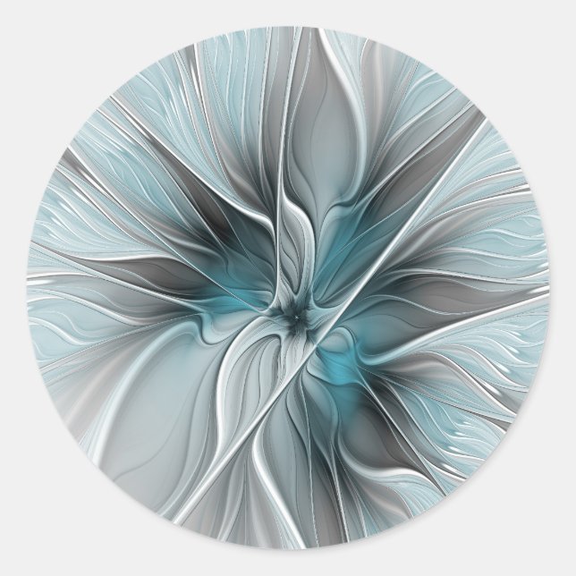 Floral Fractal Modern Abstract Flower Blue Gray Classic Round Sticker (Front)