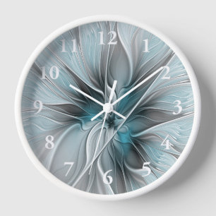 Floral Fractal Modern Abstract Flower Blue Gray Clock