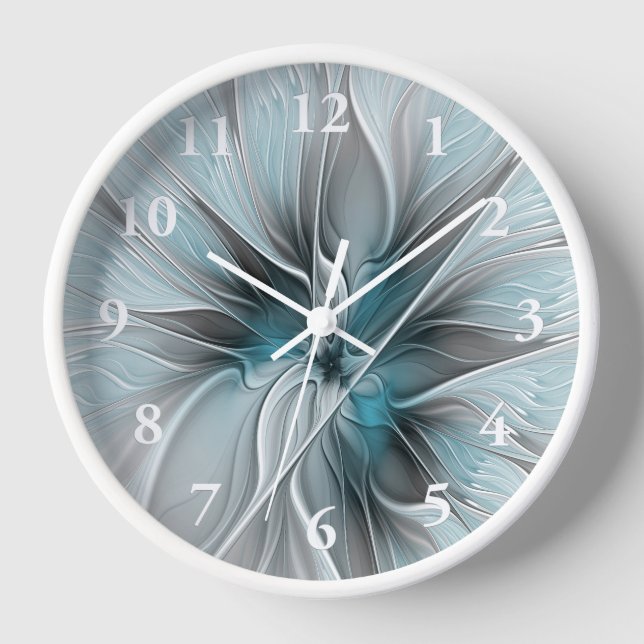 Floral Fractal Modern Abstract Flower Blue Gray Clock (Front)