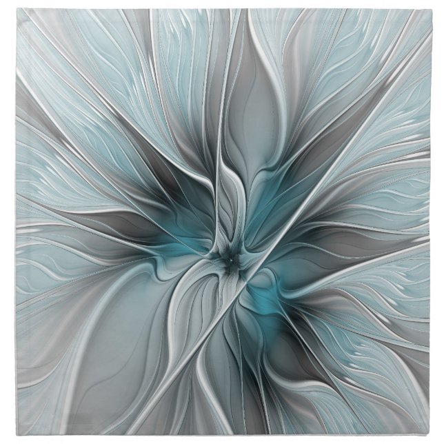 Floral Fractal Modern Abstract Flower Blue Gray Cloth Napkin (Front)
