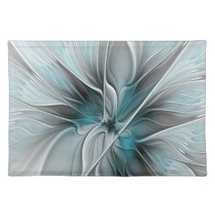 Floral Fractal Modern Abstract Flower Blue Gray Cloth Placemat