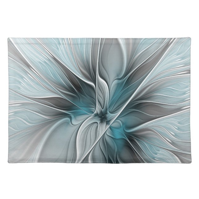 Floral Fractal Modern Abstract Flower Blue Gray Cloth Placemat (Front)