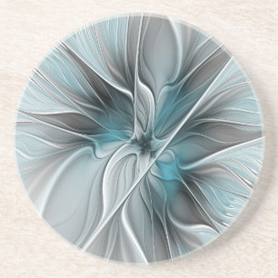 Floral Fractal Modern Abstract Flower Blue Gray Coaster