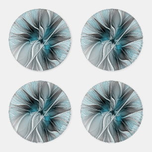 Floral Fractal Modern Abstract Flower Blue Gray Coaster Set