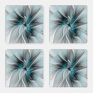 Floral Fractal Modern Abstract Flower Blue Gray Coaster Set