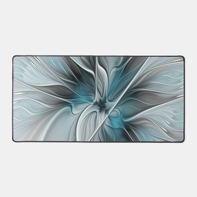 Floral Fractal Modern Abstract Flower Blue Gray Desk Mat (Front)
