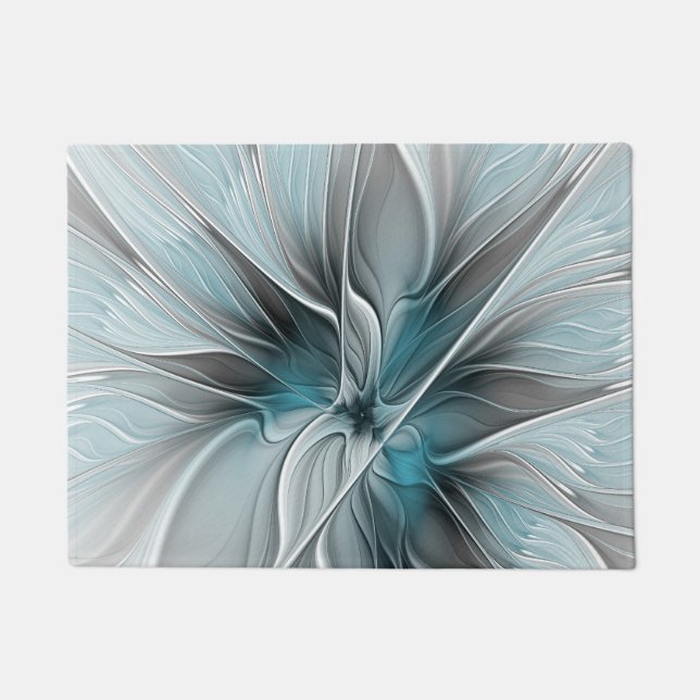Floral Fractal Modern Abstract Flower Blue Gray Doormat (Front)