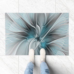 Floral Fractal Modern Abstract Flower Blue Gray Doormat