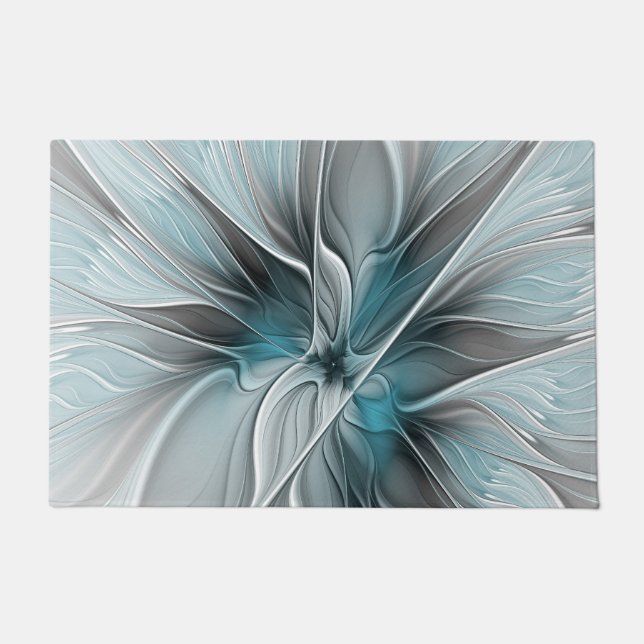 Floral Fractal Modern Abstract Flower Blue Gray Doormat (Front)