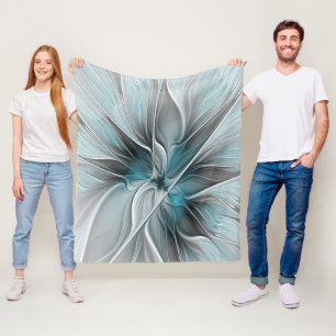 Floral Fractal Modern Abstract Flower Blue Gray Fleece Blanket