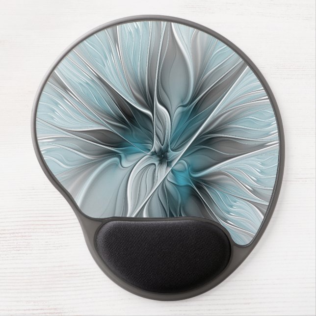 Floral Fractal Modern Abstract Flower Blue Gray Gel Mouse Pad (Front)