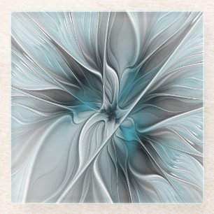 Floral Fractal Modern Abstract Flower Blue Gray Glass Coaster
