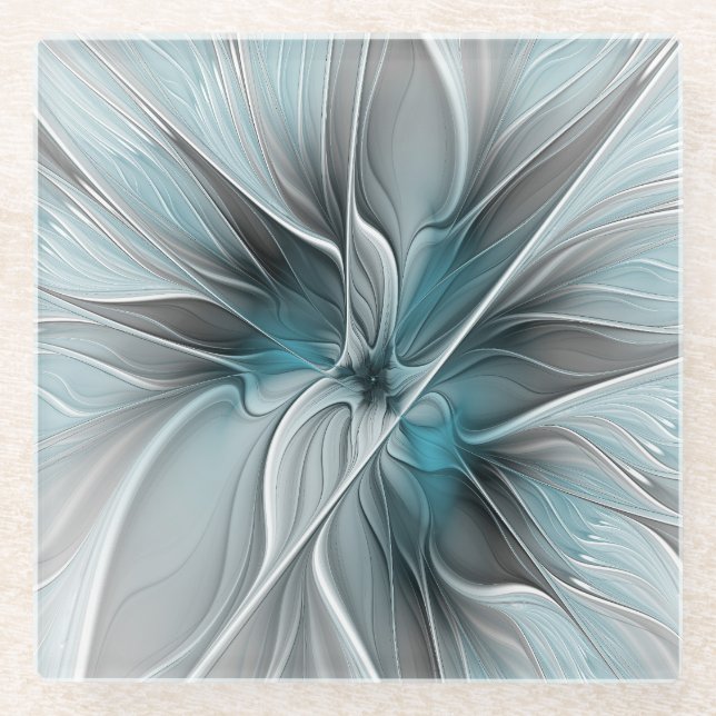 Floral Fractal Modern Abstract Flower Blue Gray Glass Coaster (Front)