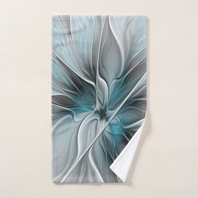 Floral Fractal Modern Abstract Flower Blue Gray Hand Towel (Hand Towel)