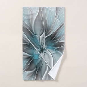 Floral Fractal Modern Abstract Flower Blue Gray Hand Towel