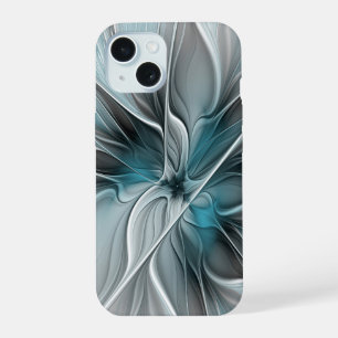 Floral Fractal Modern Abstract Flower Blue Gray iPhone 15 Case