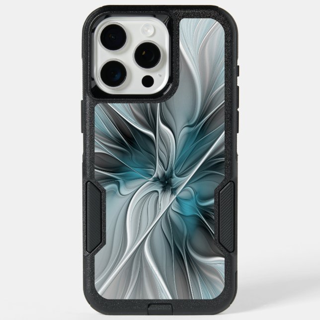 Floral Fractal Modern Abstract Flower Blue Gray iPhone 15 Pro Max Case (Back)