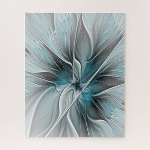 Floral Fractal Modern Abstract Flower Blue Gray Jigsaw Puzzle