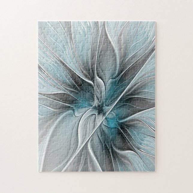 Floral Fractal Modern Abstract Flower Blue Gray Jigsaw Puzzle (Vertical)