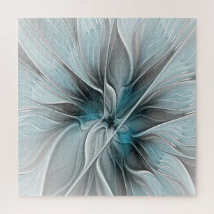 Floral Fractal Modern Abstract Flower Blue Gray Jigsaw Puzzle