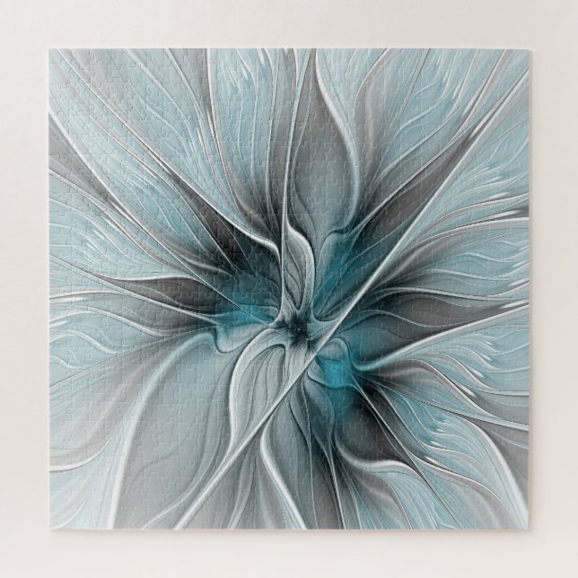 Floral Fractal Modern Abstract Flower Blue Gray Jigsaw Puzzle (Vertical)