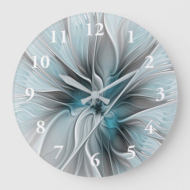 Floral Fractal Modern Abstract Flower Blue Gray Large Clock (Front)