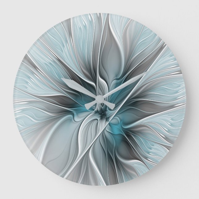 Floral Fractal Modern Abstract Flower Blue Gray Large Clock (Front)