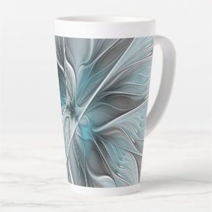 Floral Fractal Modern Abstract Flower Blue Gray Latte Mug